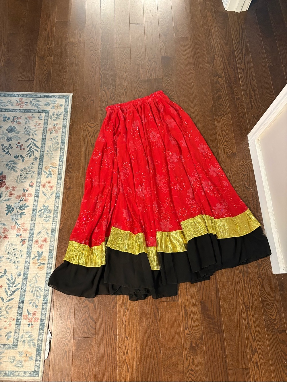 La SENZA Red Tiered Maxi Skirt with Gold and Black Bands